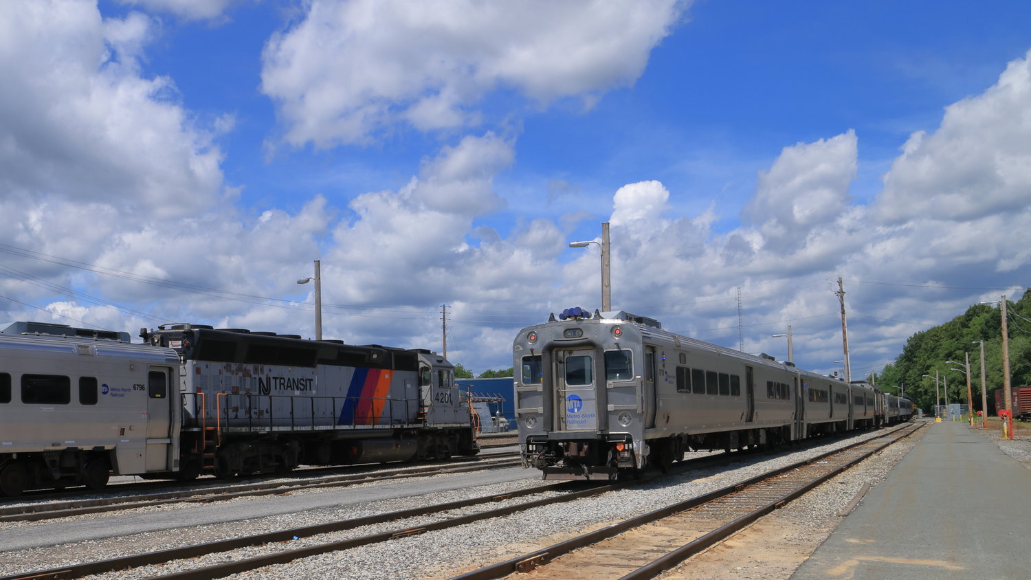 New Jersey Transit rail lines and trains at the yard in Port Jervis, adjacent to the Port Jervis Transportation History Center.
